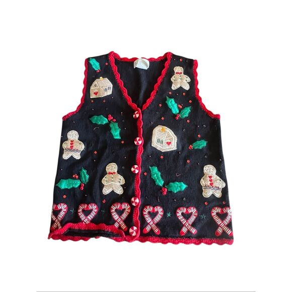 Basic editions Medium holiday Christmas gingerbread embroidery ugly sweater vest - Picture 1 of 8